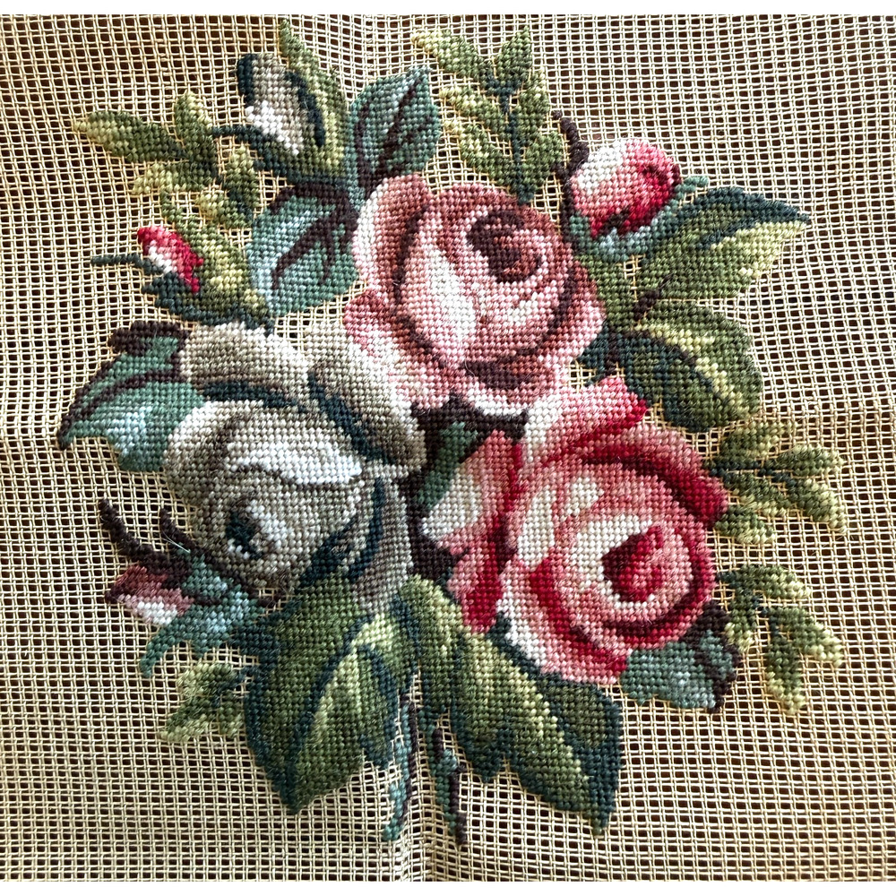 Vintage Preworked Decorator Needlepoint Canvas Floral Roses Bouquet Design 6 x 6